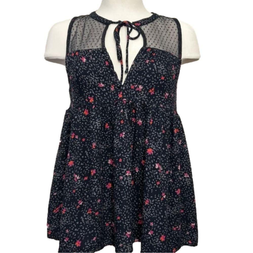 Volcom Navy Floral Mesh Yoke Tie-Front Sleeveless Blouse